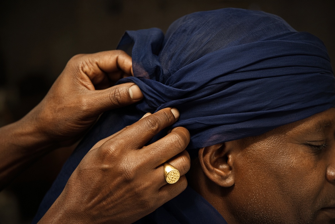 Hands folding a navy voile turban