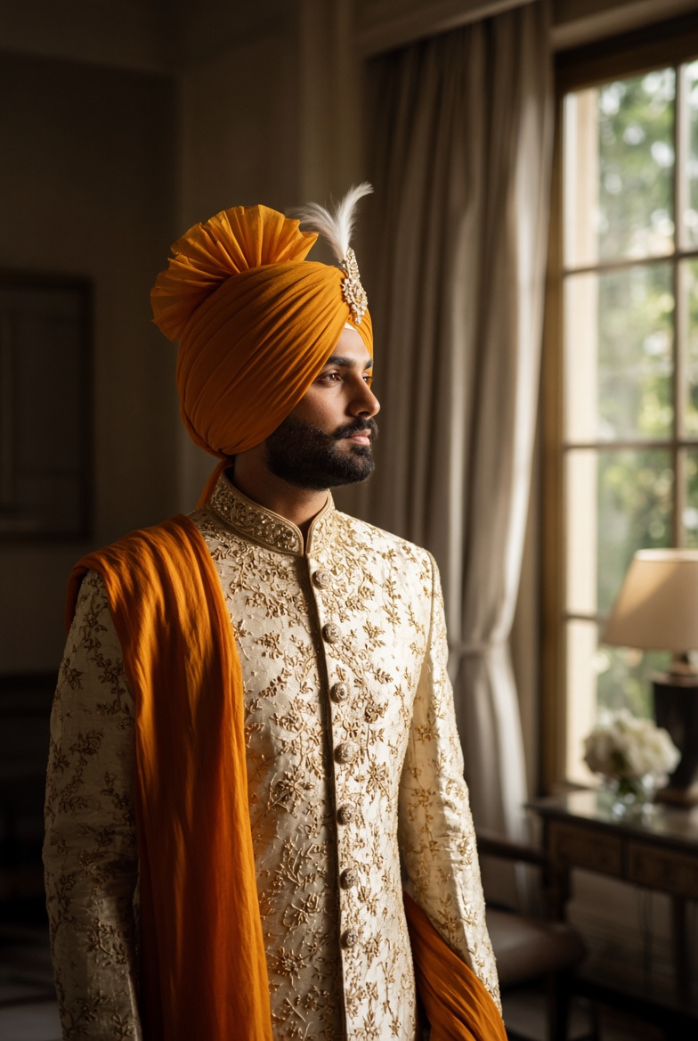 Groom in a peaked saffron Patiala Shahi pagg
